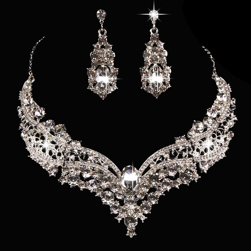 Women Jewelry Sets Wedding Party Bride Crystal Rhinestone Necklace Earrings Tt
