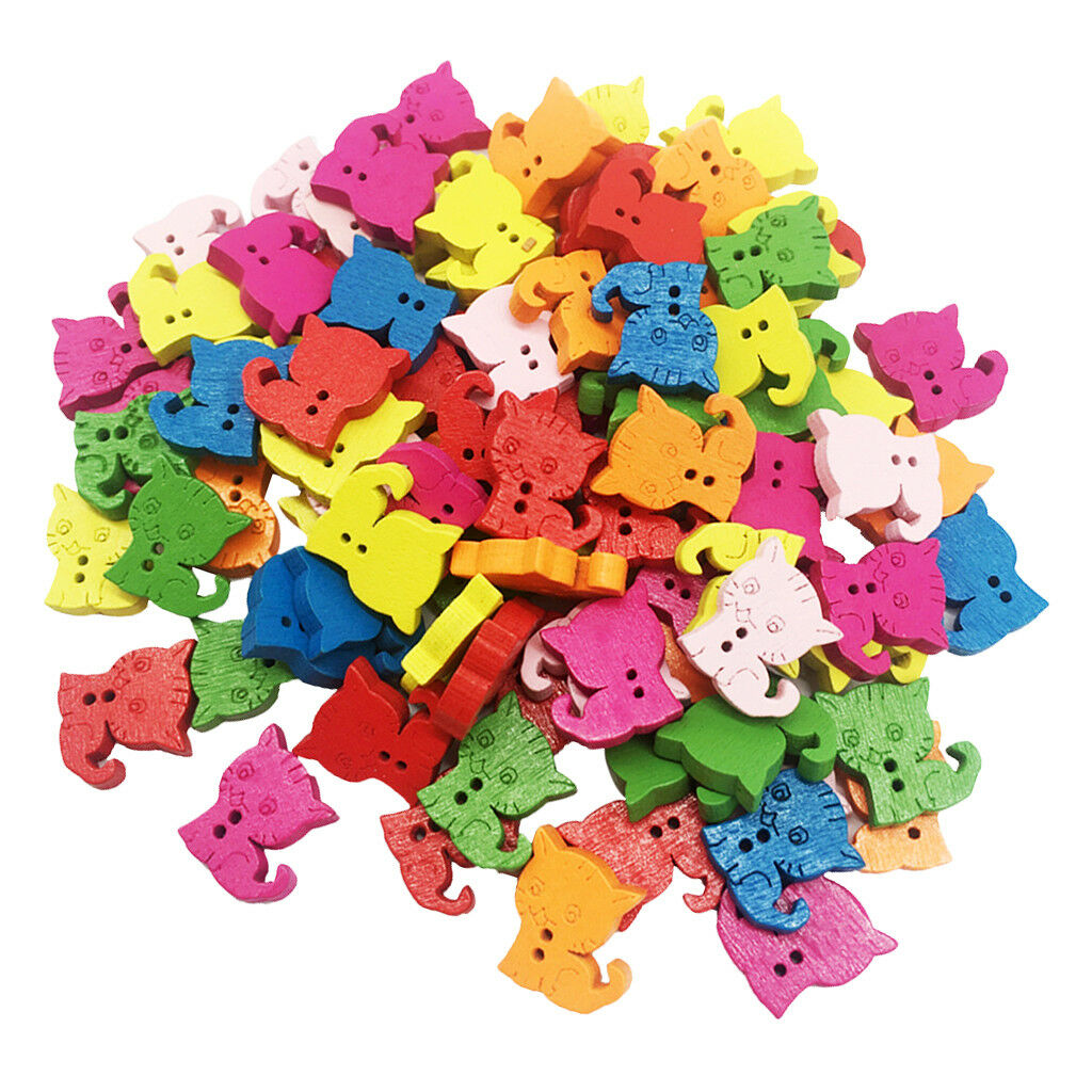 100Pcs Novelty Baby Buttons Cats Decorative Buttons Wooden for Knitting 15mm