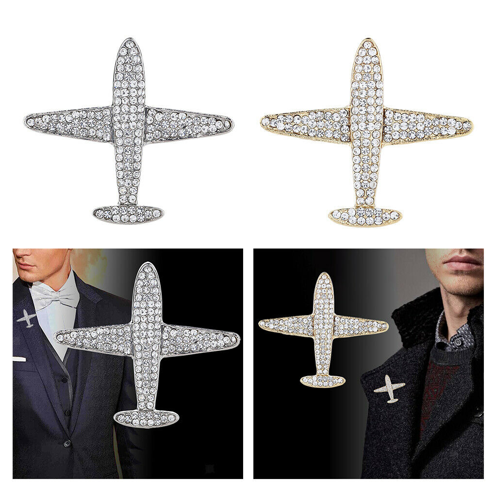 2Pieces Mens Airplane Brooch Lapel Corsage Crystal Rhinestion Badge Jewelry