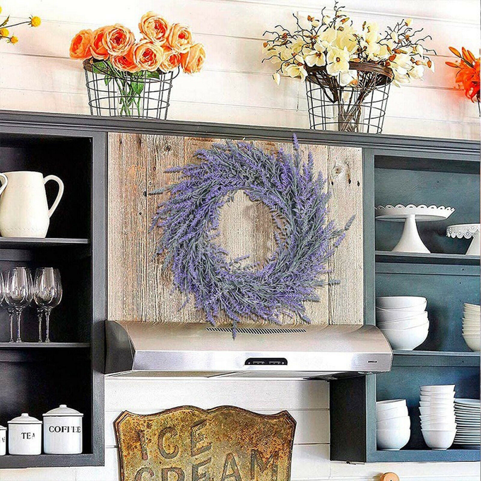 2x Artificial Door Wreath Hanging Lavender Flower Garland Home Decor for Wedding