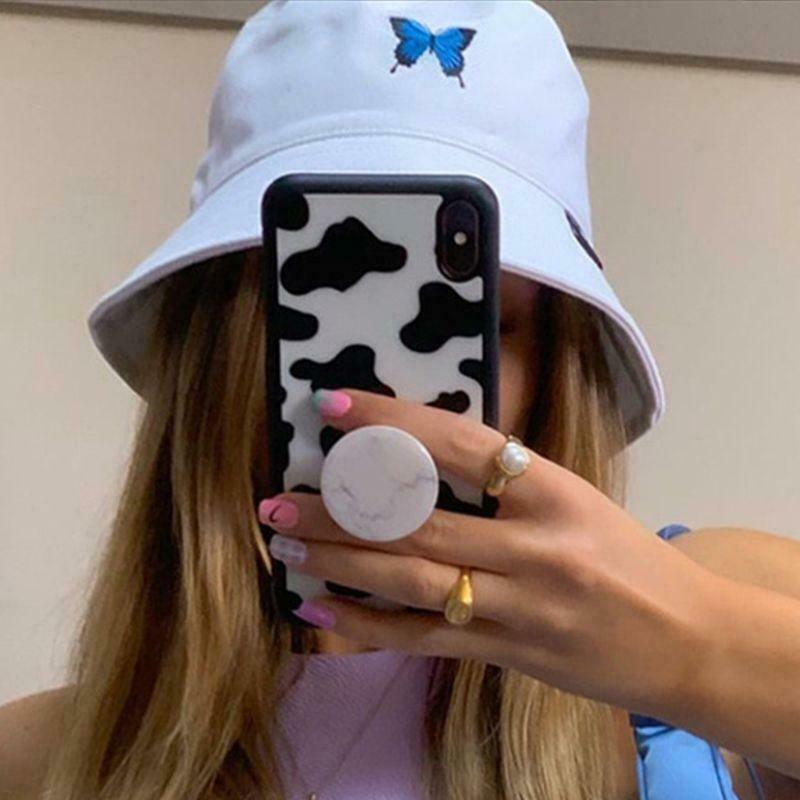 Unisex Summer Butterfly Embroidered Bucket Hat Harajuku Sunscreen Fisherman Cap