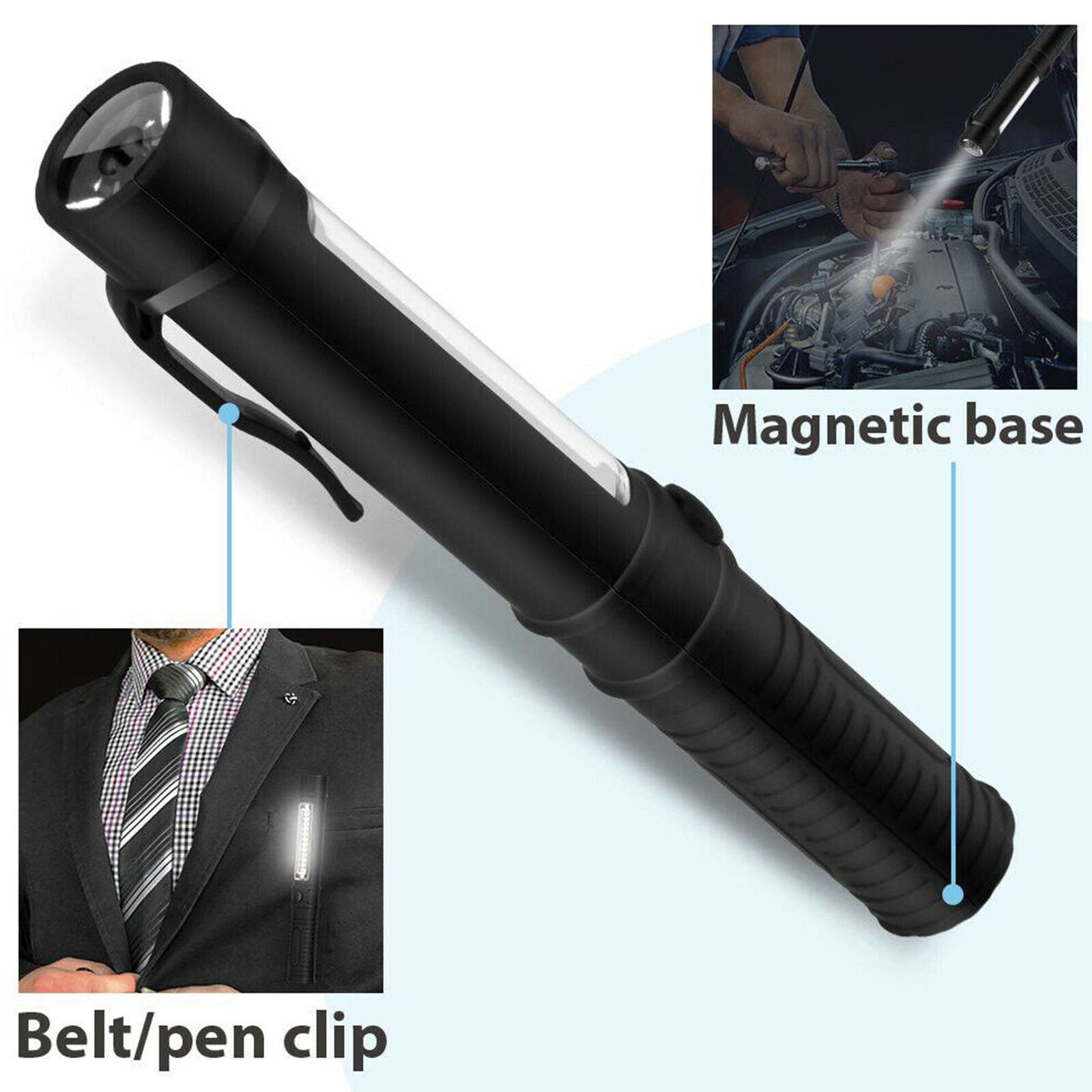 3 Mini Flashlight Light Bright COB LED Pocket Pen Torch Magnetic Inspection Lamp