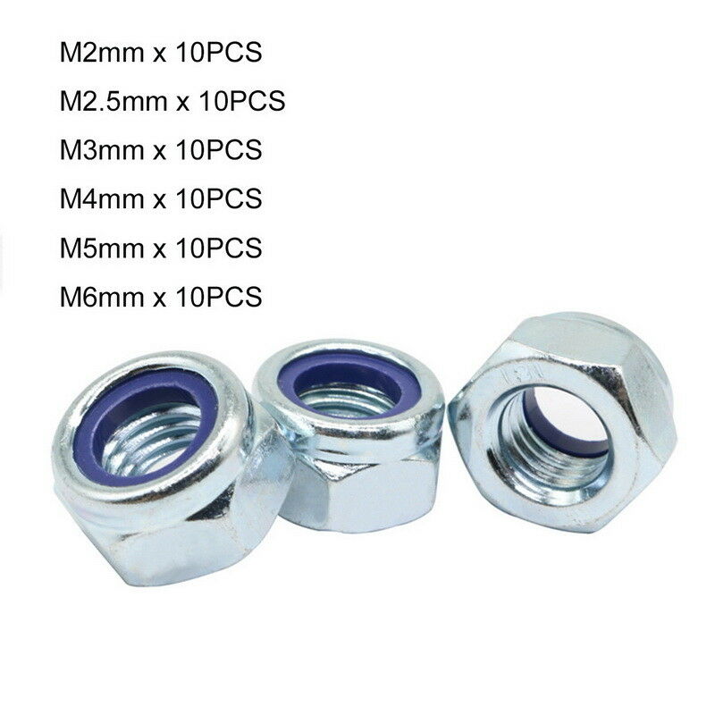 60Pcs M2 2.5 3 4 5 6 Hex Nyloc Nylon Insert Locking Nuts Kit Bright Zinc Plated