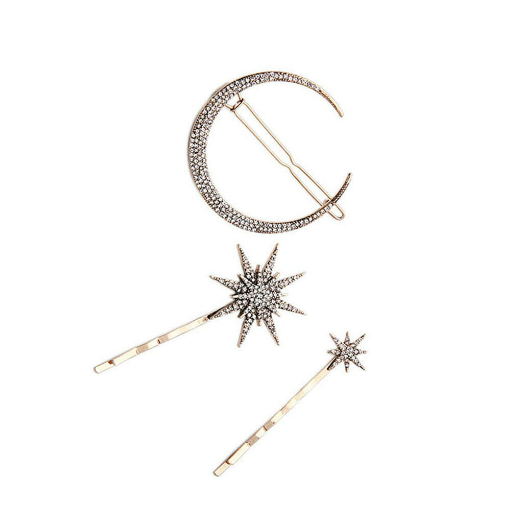 Retro Moon and Star Hairpins, 3 Pieces hair Clips, Shiny Rhinestone Headpiece