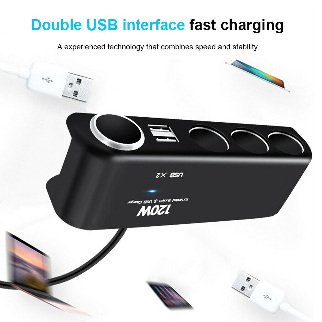 Car Cigarette Lighter 4 Way Multi Socket Splitter Charger 12V/24V 2 USB Port