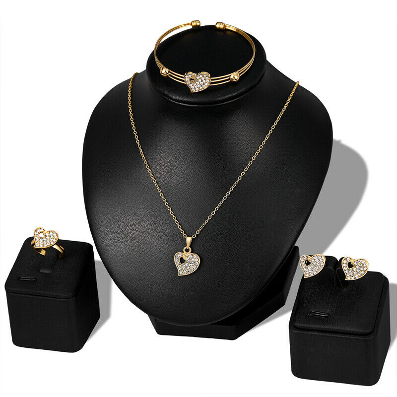 Fashion Jewelry Sets Crystal Heart Necklace Bangle Ring Earrings Wedding .l8