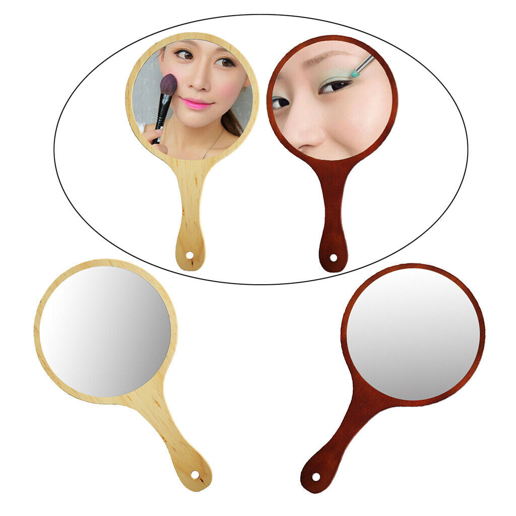 2 x Wooden Handle Portable Round Cosmetic Mirror Handmade Hand Held Mirrors