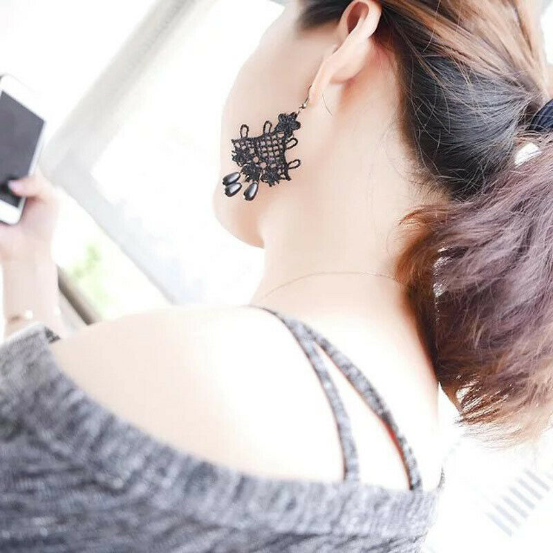 Fashion Black Lace Jewellery Dangle Earrings w/ Beads Elegant Lolita Decor
