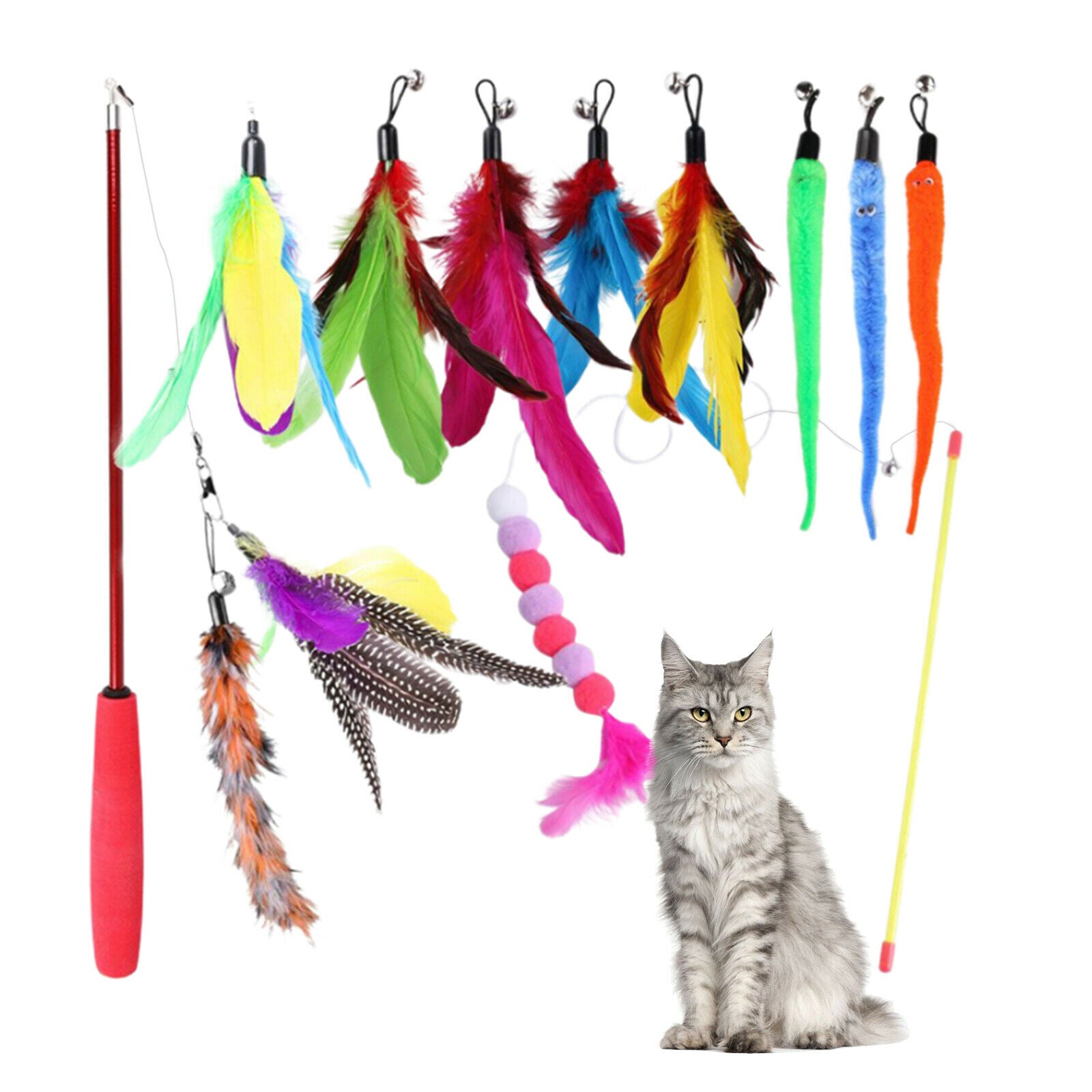 Set of 10pcs Cats Feather Interactive Teaser Retractable Wand Toys Exercise