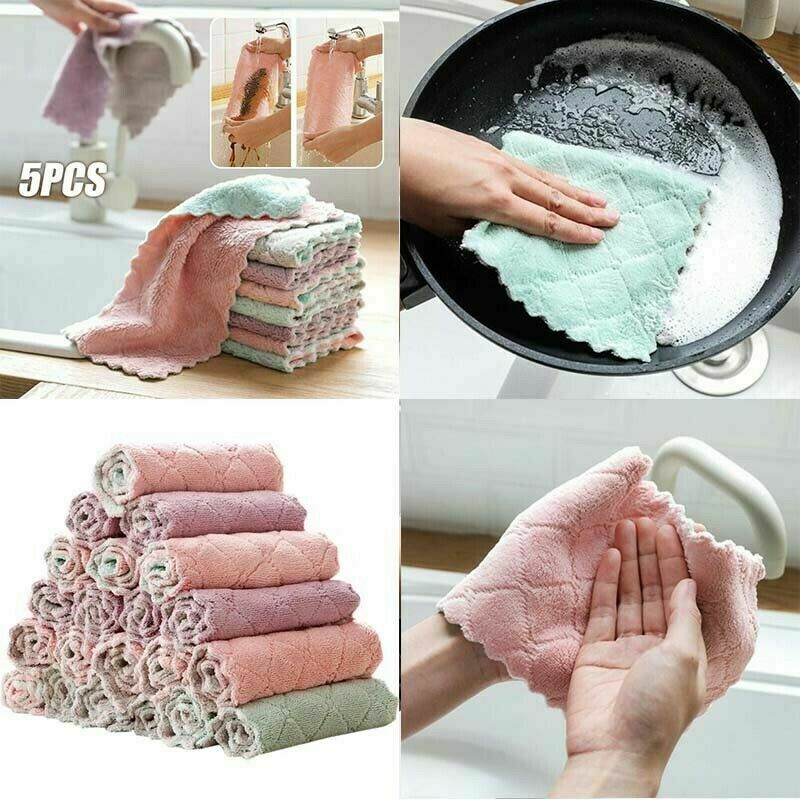 5 pcs Super Absorbent Microfiber Kitchen Dish Cloth Household Cleaning Tea Towel