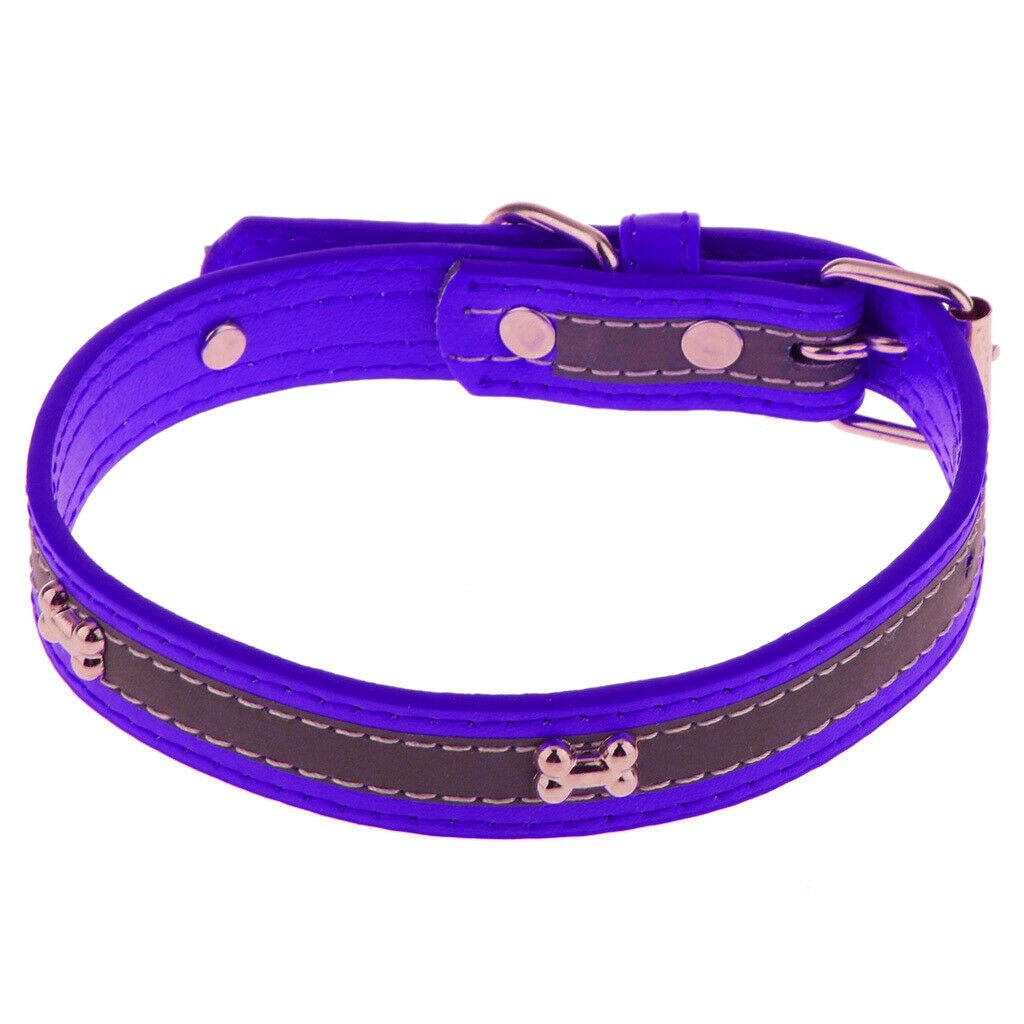 Pet Puppy PU Leather Belt Bone Reflective Safety Buckle Dog Collar-Purple