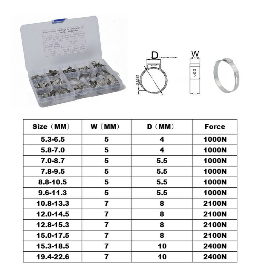 90pc Single Ear Plus Stainless Steel Hydraulic Hose Clamps O-Clips Pipe Fuel Air