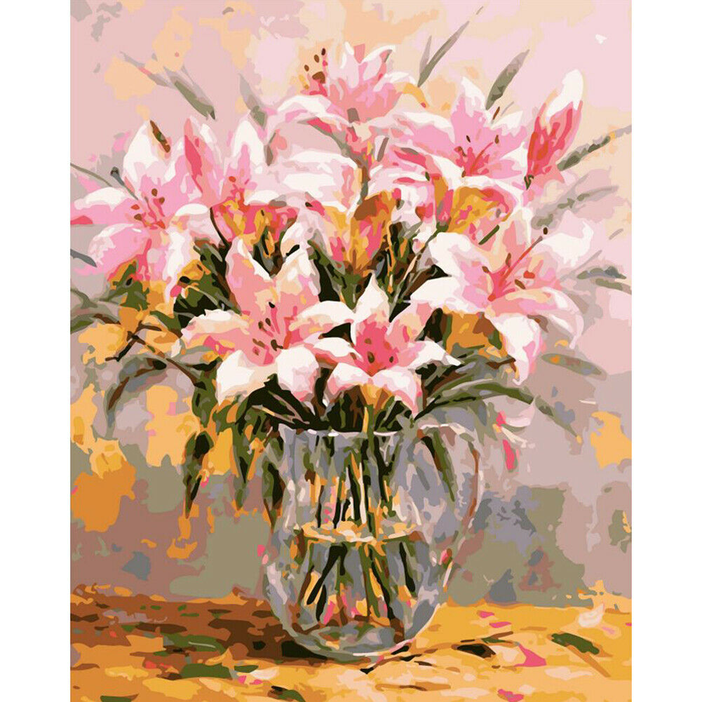 Painting By Numbers Kit DIY Lily Flower Hand Painted Canvas Oil Art Picture @