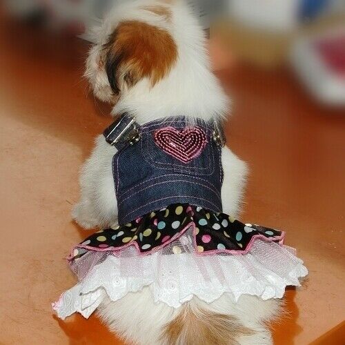 Dog Puppy Denim Dungarees Pink Heart Sequin Polka Dot Ruffle Jumper Dress XS