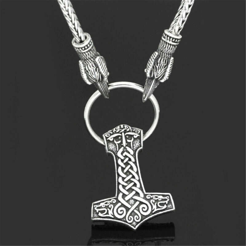 Men's Norse Viking Odin's Crow Chain&Thor Hammer Mjolnir Pendant Necklace Gift