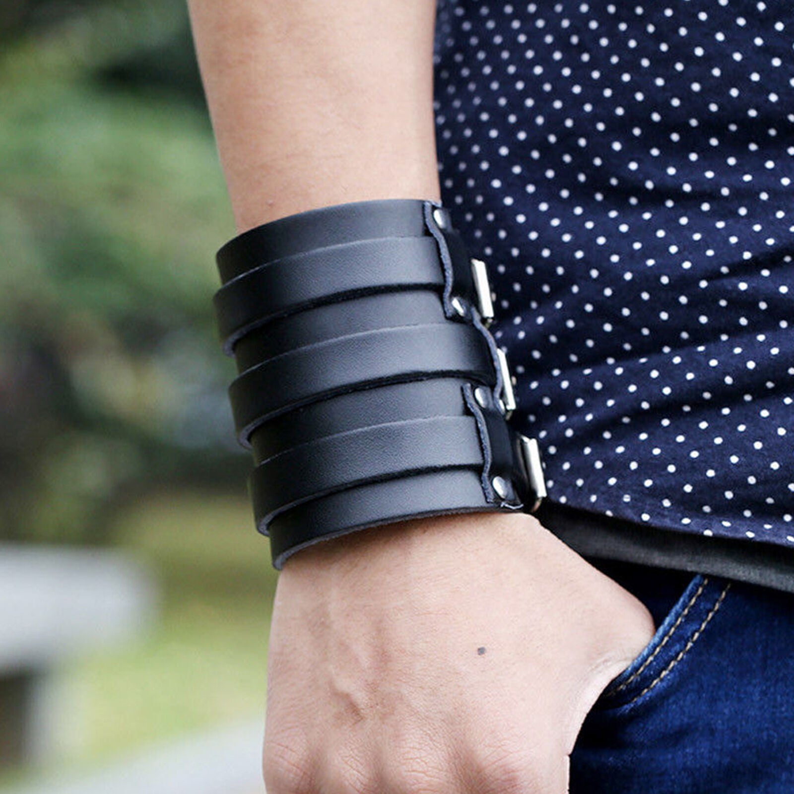 Black Men Women Punk Style Cuff Belt Leather Bracelet Wide Wristband Buckle AU