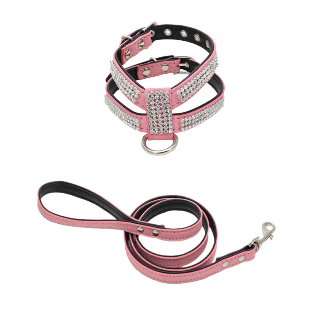 Bling Diamond Crystal Leash Harness Adjustable Collar Chest Strap + Dog Pet