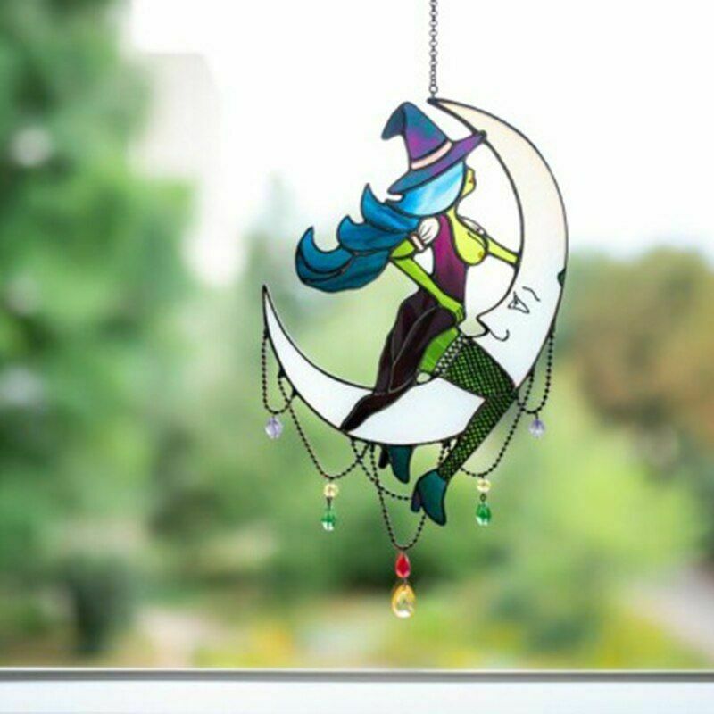 Witch on Moon Decor Stained Suncatcher Window Hangings Outdoor Wall Art Home