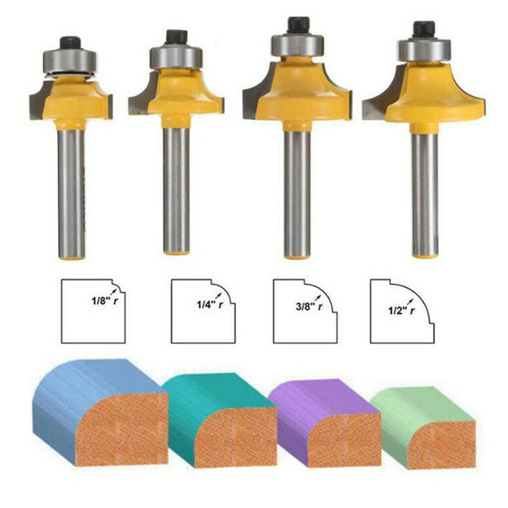 4Pcs 1/4" Shank Roundover Edging Router Bit Set Woodworking Milling Cutter