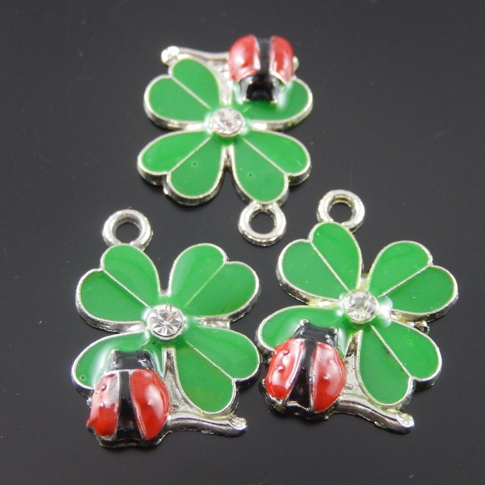 10pcs Green And Red Color Clover  ladybug Enamel Pendant Charm Finding 37058
