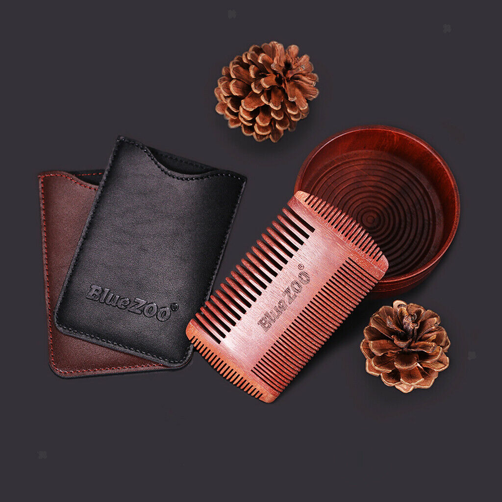 4 Sided Men Wooden Beard Mustaches Comb Case Fine Coarse Teeth Brown Pouch