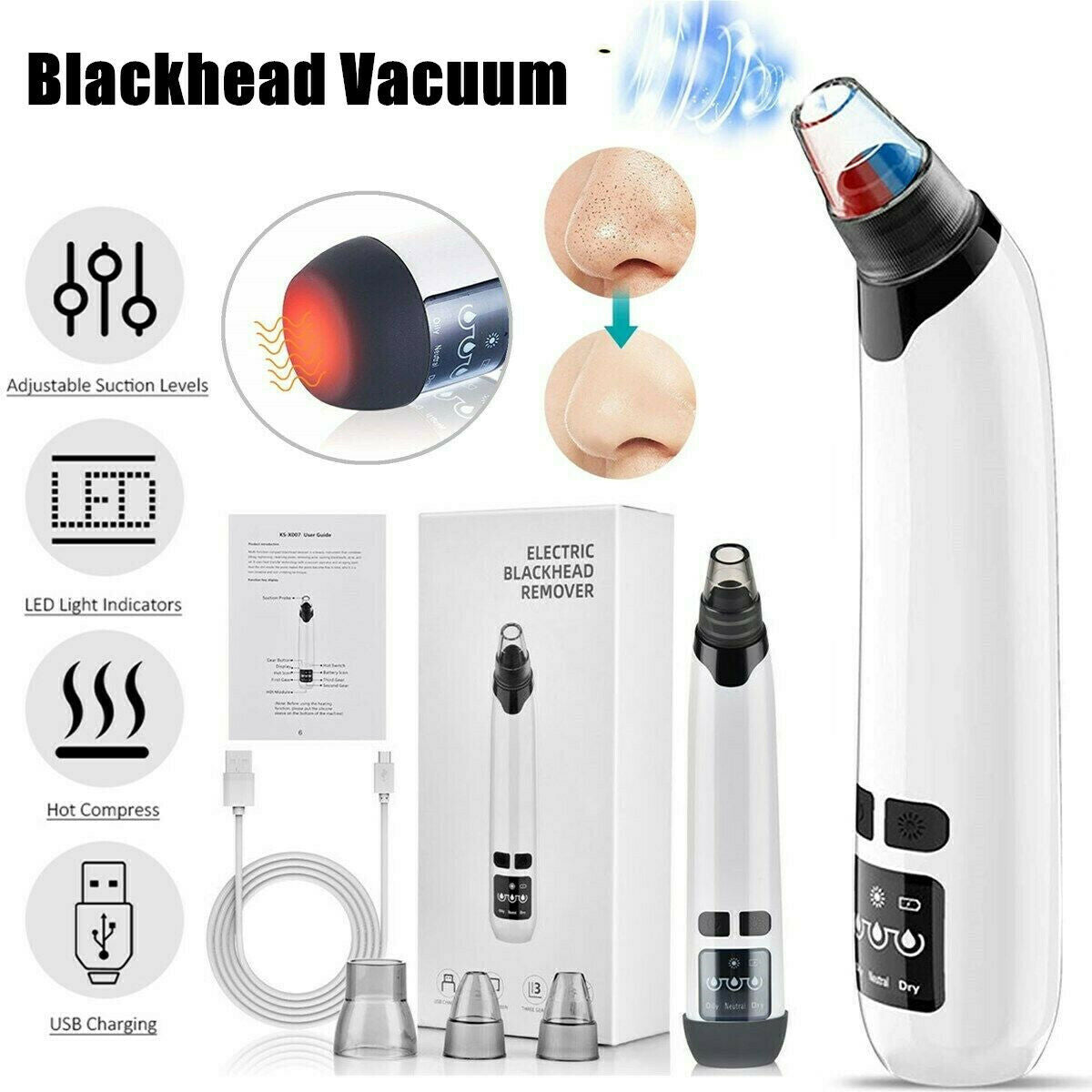 Electric Heating Blackhead Vacuum Pore Cleaner Acne Pimple Remover Suction Tool
