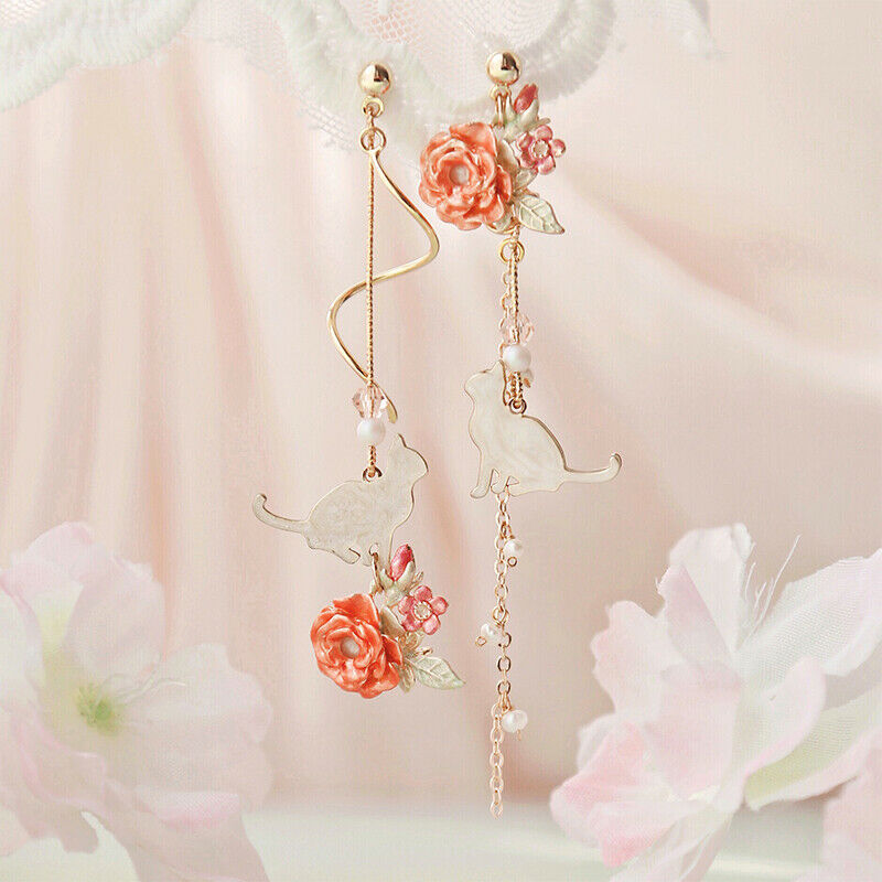 Sweet Cute Cat Flowers Leaves Pendant Flower Tassel Earrings Jewelry Earr.l8