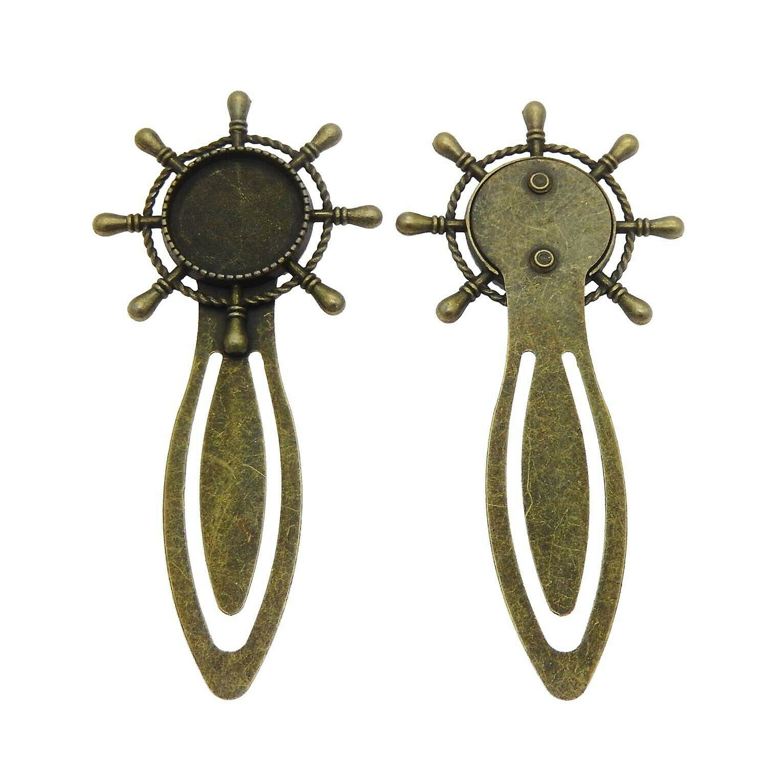 2 sets Antiqued Bronze Metal Bookmark Rudder Blank Bezel with Glass Cameo 18mm