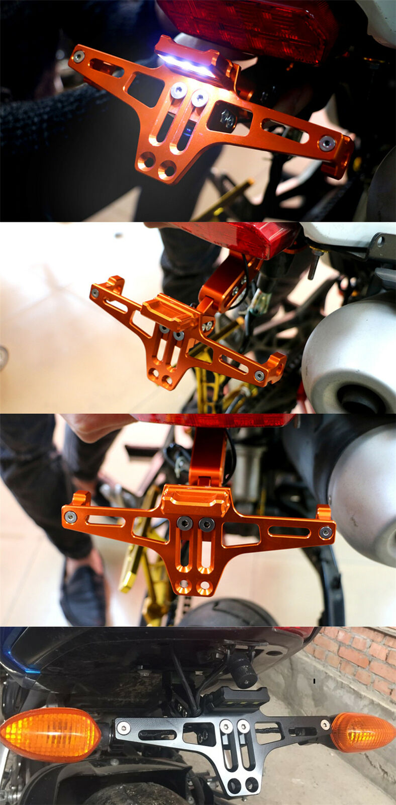 Motorcycle License Number Plate Frame Holder LED White Light Adjustable Bracket