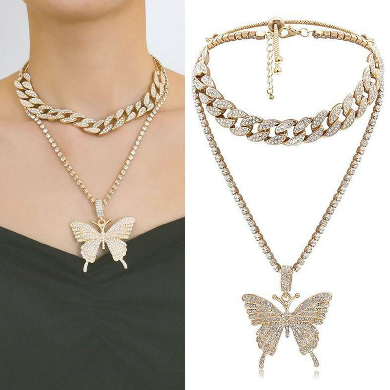Butterfly Pendant Necklace Cuban Rope Tennis Chain HipHop Jewelry