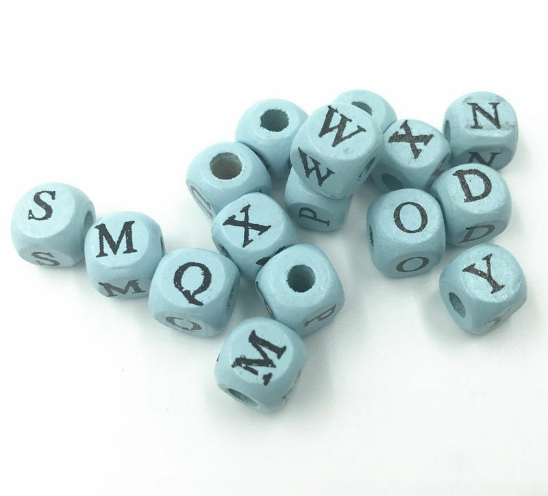 50X Light Blue Wood Spacer Beads Alphabet Cube Mixed For jewelry Making 10x10mm