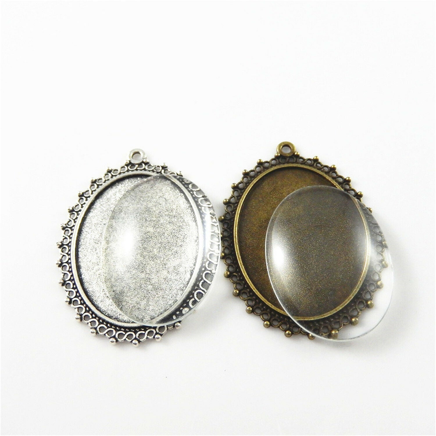 4 Sets Oval 40x30 mm Glass Cameo + Bezel Lace Charm Necklace Pendant #53482
