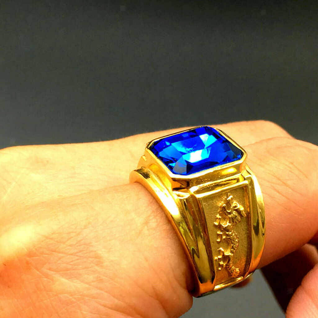 Golden Carved Flying Dragon Stainless Steel Ring with Glitter Blue Gem US9
