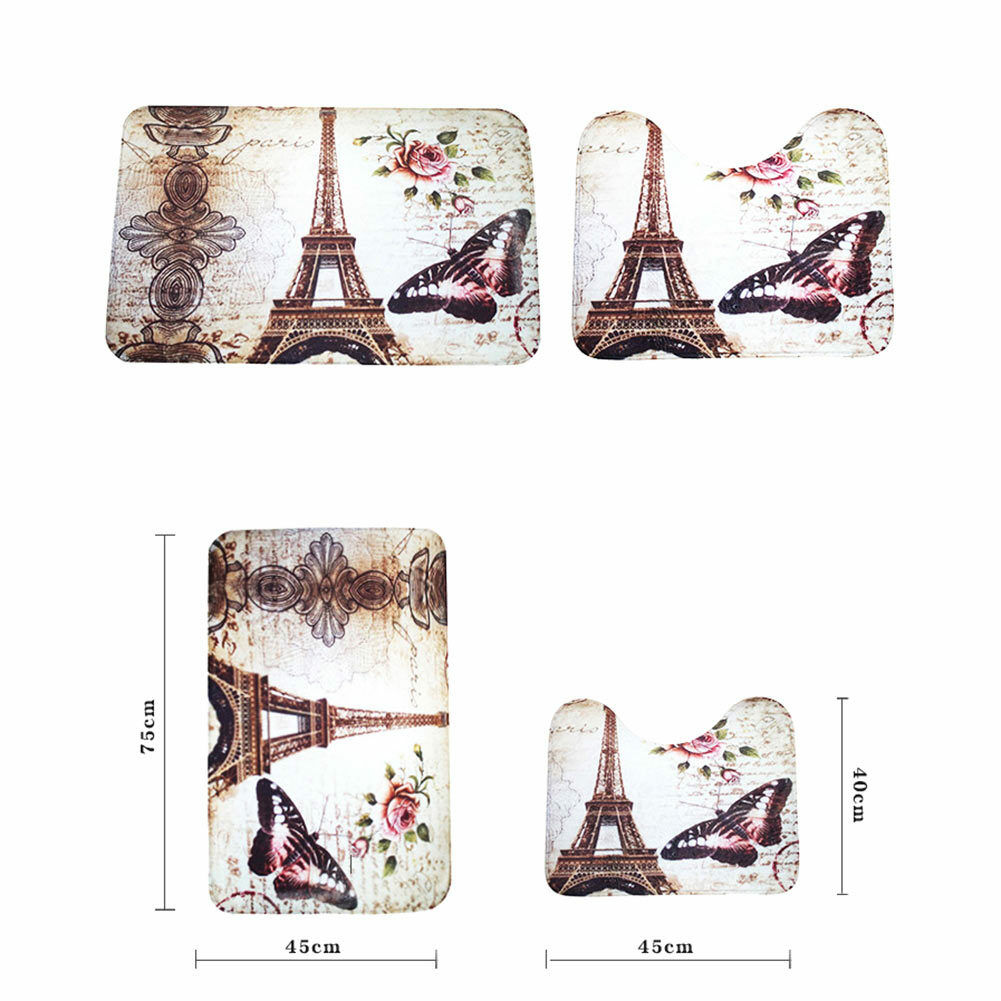 2Pcs/Set Paris Eiffel Tower Non-Slip Bathroom Toilet Pedestal Rug + Bath Mat HN