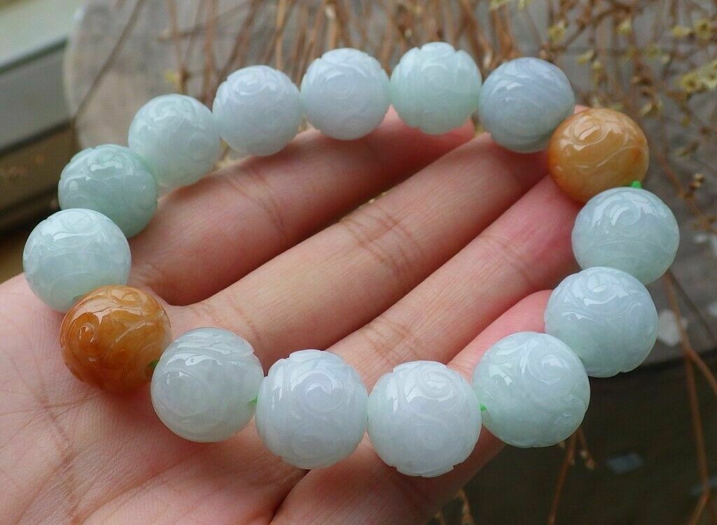 13MM Certified 100% Natural A JADE JADEITE Flower Bead Bangle Bracelet 7.5"AA++