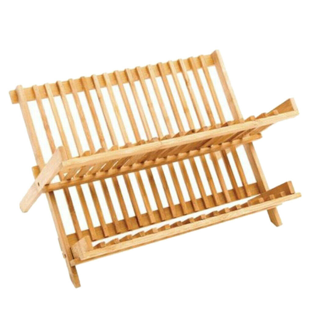 Wooden Dish Rack 2-Tier Collapsible Drainer Folding Dish Drying Rack for Home