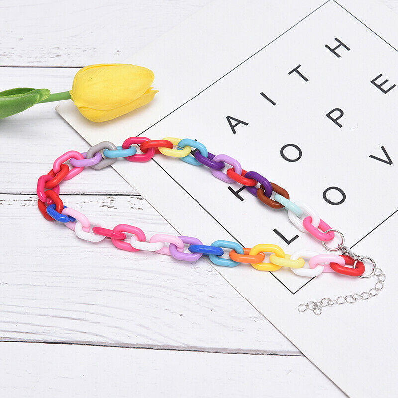 Boho Rainbow Acrylic Link Chain Necklace Bohemian Choker Necklace Jewelry.l8