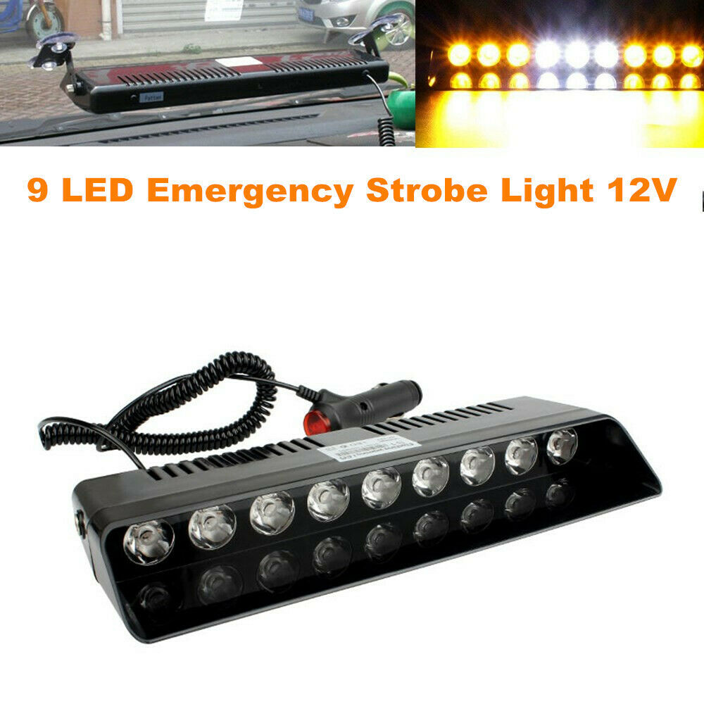 LED Emergency Strobe Light Windshield Dashboard Lamp w/ Suction Cup White Amber