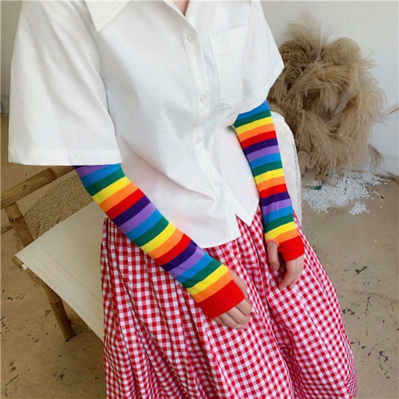 Women Girl Harajuku Elbow Length Fingerless Arm Sleeve Warmer Rainbow Colored