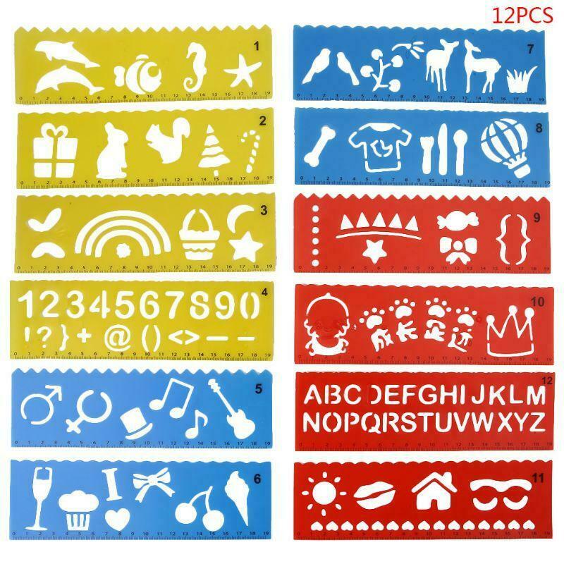 12Pcs Kids Cartoon Drawing Molds Ruler Plastic Children Painting Stencils DIY