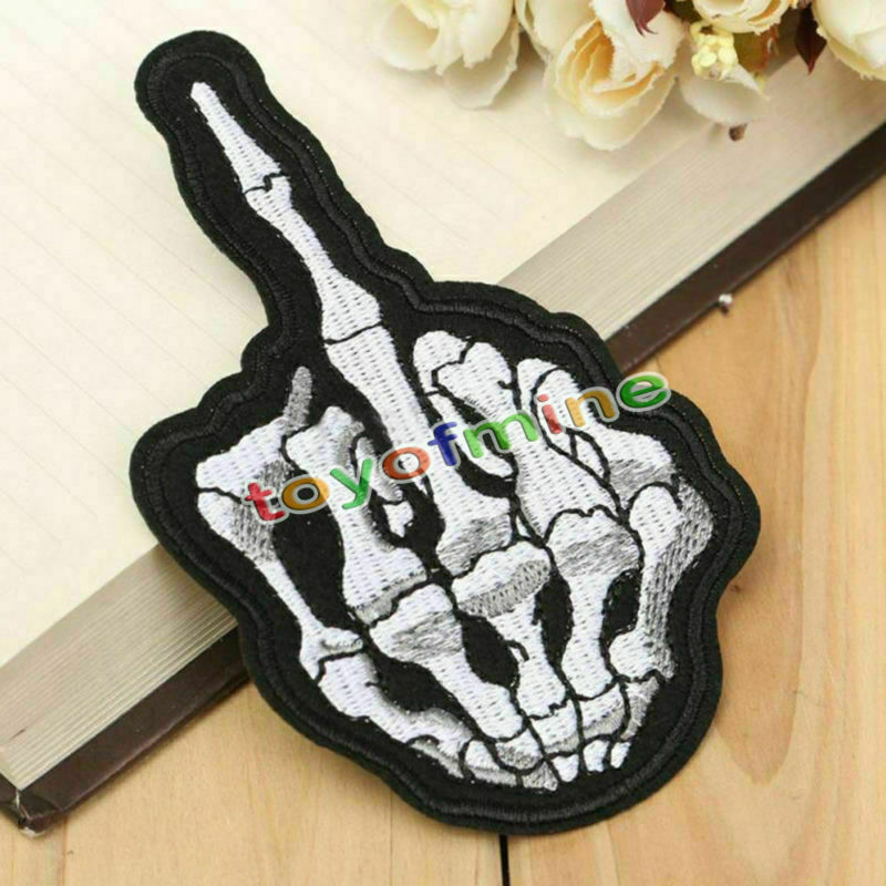 Middle Finger Skeleton Sew Embroidery Iron On Patch Badge Applique Motif Craft
