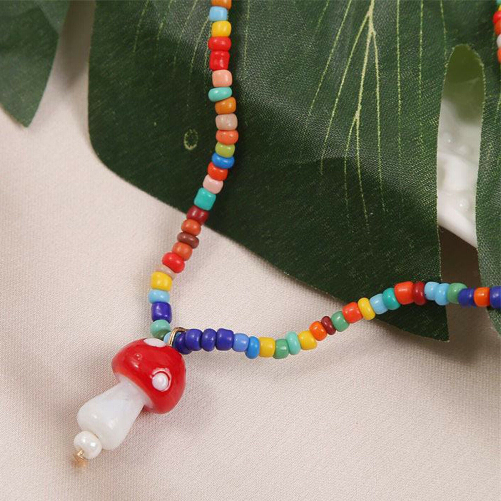 Cute Mushroom Pendant Necklace Mushroom Rainbow Chokers Beads Chain for Women