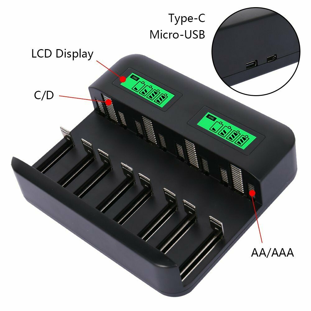 8 Slots Lcd Display Usb Smart Battery Charger For Aa Aaa Sc C D Size Rechar X1W1
