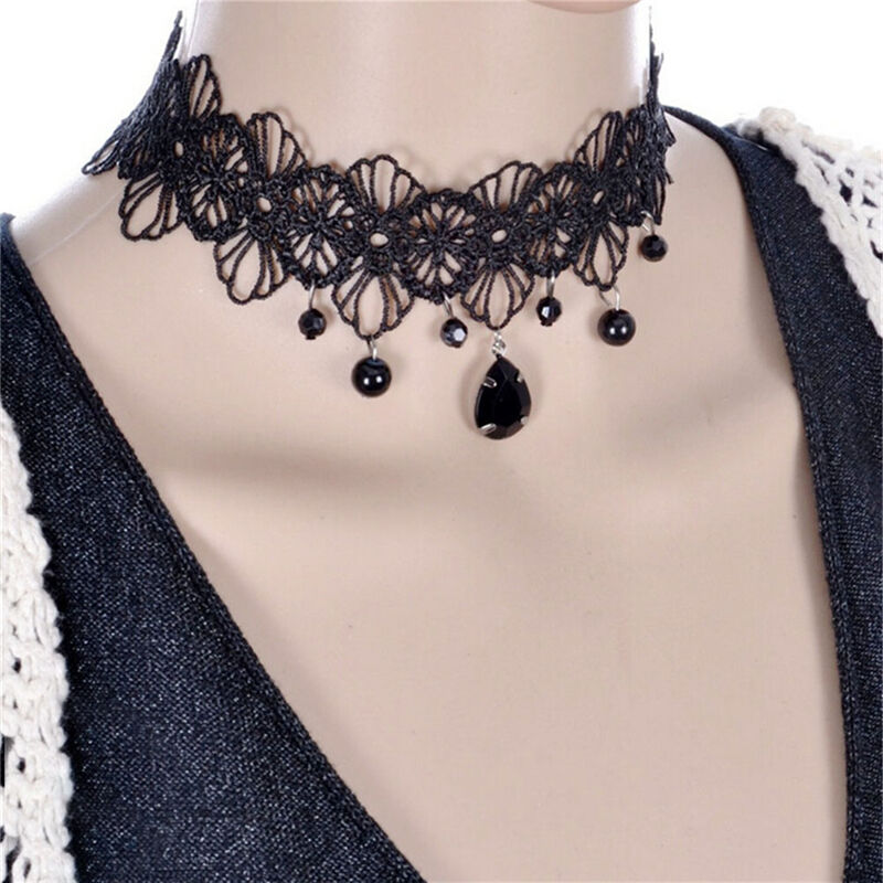 Fashion Gothic Black Lace Retro Choker Collar Flowers Pendant Necklace Jewelry