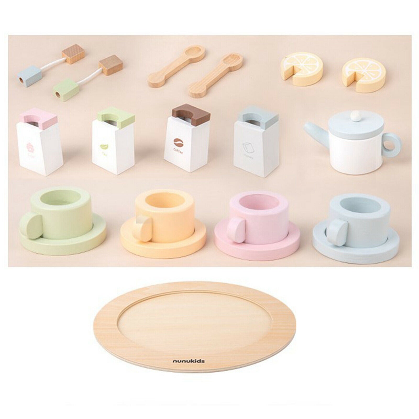 Coffe Cup, Scoop, Tray, Saucers, , Wooden Tableware Set Kids Pretend