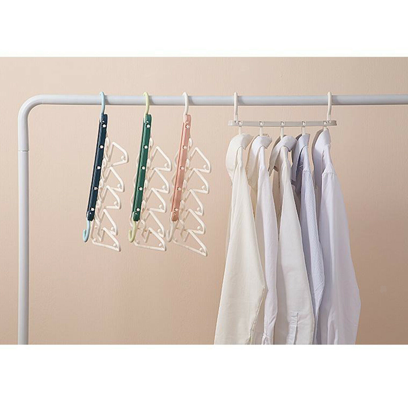 Clothes Hanger Storage Multilayer Folding Retractable Wardrobe Rack Pink