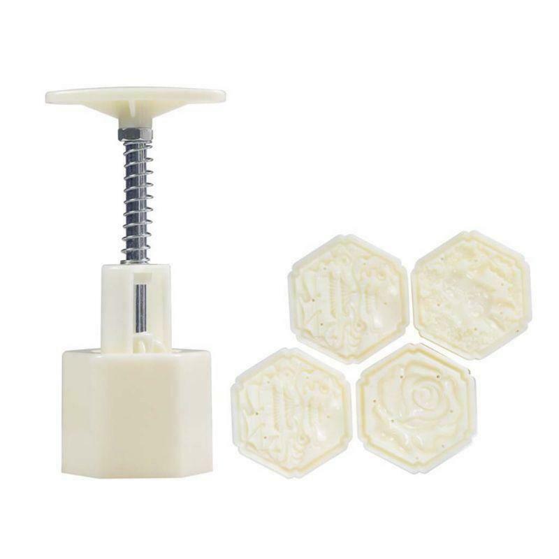 50g Mooncake Barrel Mold with 4pcs Square Flower Stamps Hand Press Moon Cake