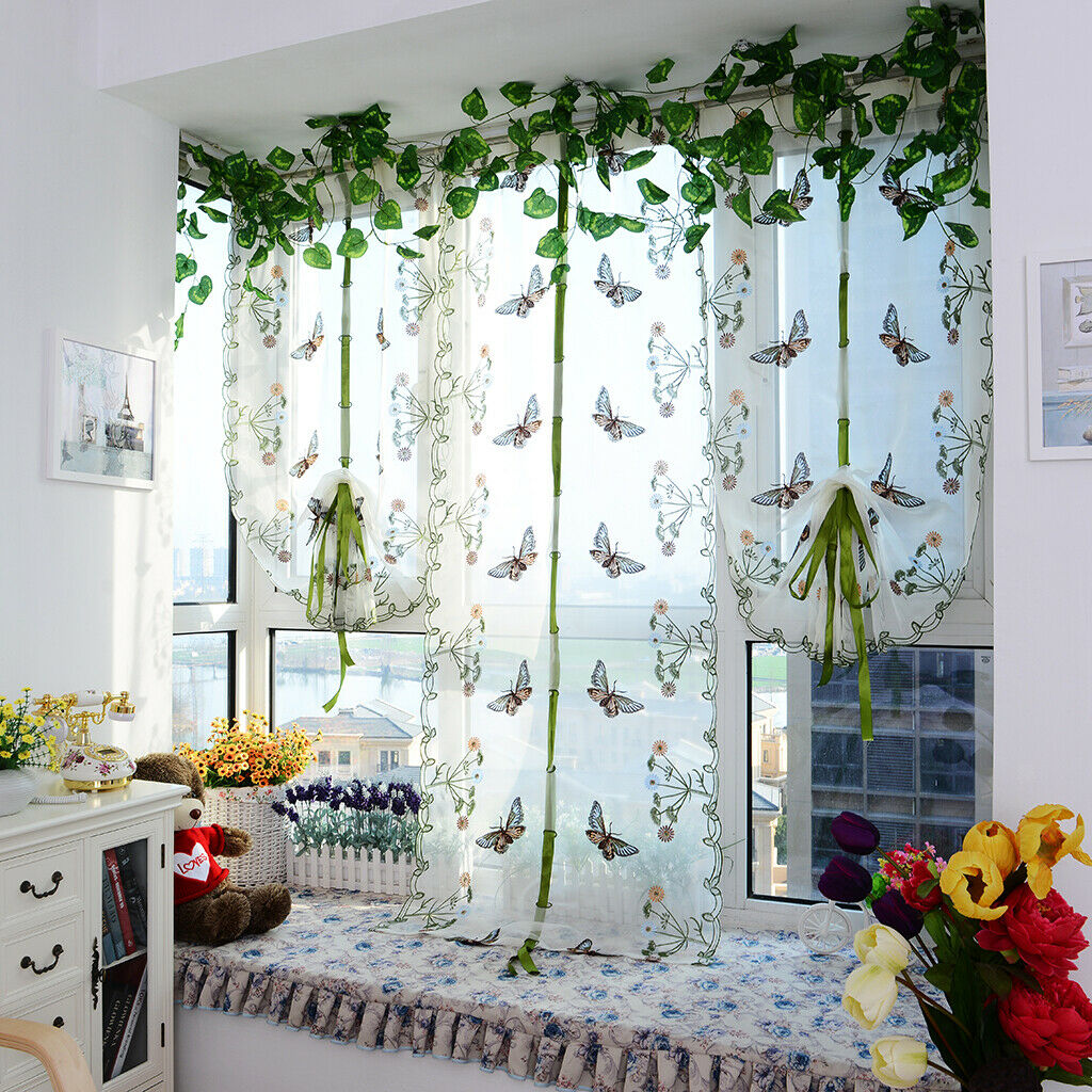 Pastoral Butterfly Tulle Roman Curtain Embroidered Sheer White 0.8x2m