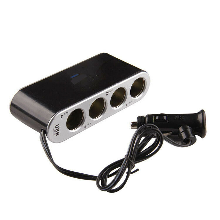 Black 4Way Sockets Cigarette Lighter USB Charger Splitter 12V Power Adapter Car