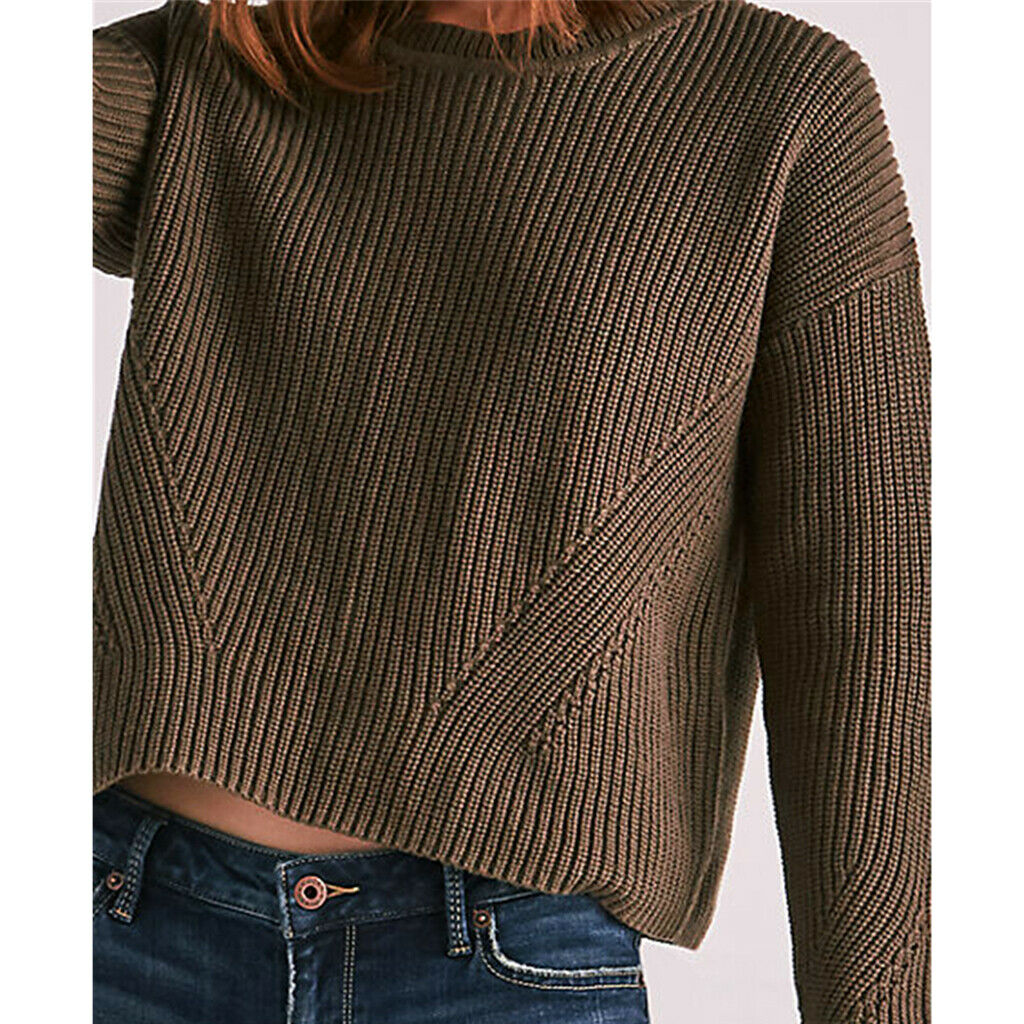 Womens Lace up Back Long Sleeve Crew Neck Knitted Sweater Loose Pullover L